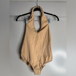 American Apparel Tan/Beige Backless & Halter Bodysuit (Size Small)